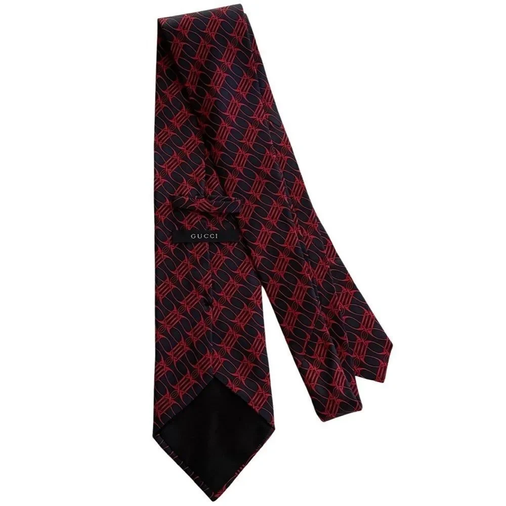 Gucci Silk Print Tie Navy Blue & Red